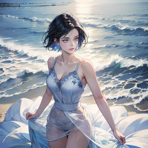 Masterpiece, high quality, best quality, HD, realistic, perfect lighting, detailed body, 1 woman, perfect eyes, short hair, dark blue Hair, glowing, White Dress, Beach background.