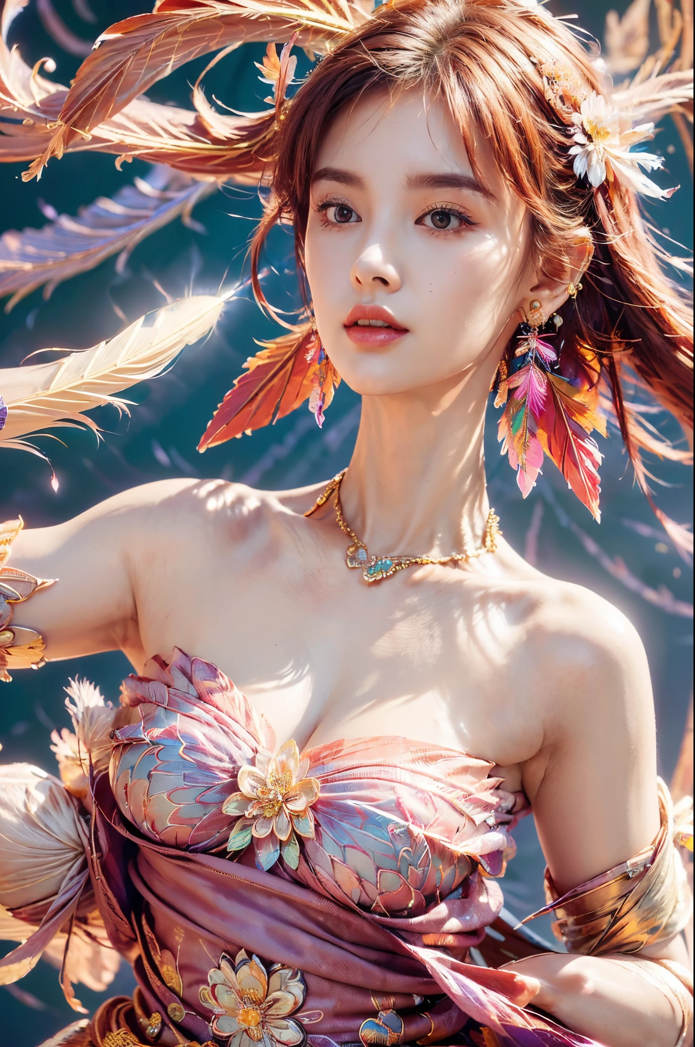 (tmasterpiece, quality, Best quality at best, offcial art, Beautiful and beautiful:1.2), (1个Giant Breast Girl:1.3), The is very detailed,(s fractal art:1.1),(Colorful:1.1)(blossoms:1.3),The most detailed,(Tangled:1.2), (dynamicposes), (abstract backgrounds:1.3), (Glossy glossy skin), (Lots of colors:1.4), ,(earrings feather:1.5) , (Flamethrower:1.3),fundo vermelho,:phoenixdress,