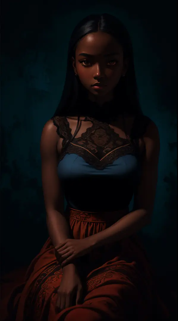 A brief moment of calm, {beautiful black woman with cinnamon skintone, dark skin 1:3}, big realistic eyes, elegant neutral color lace dress, juxtaposed against the vibrant colors of a wabi sabi aesthetic wall tapestry in the background. Colors of vibrant b...