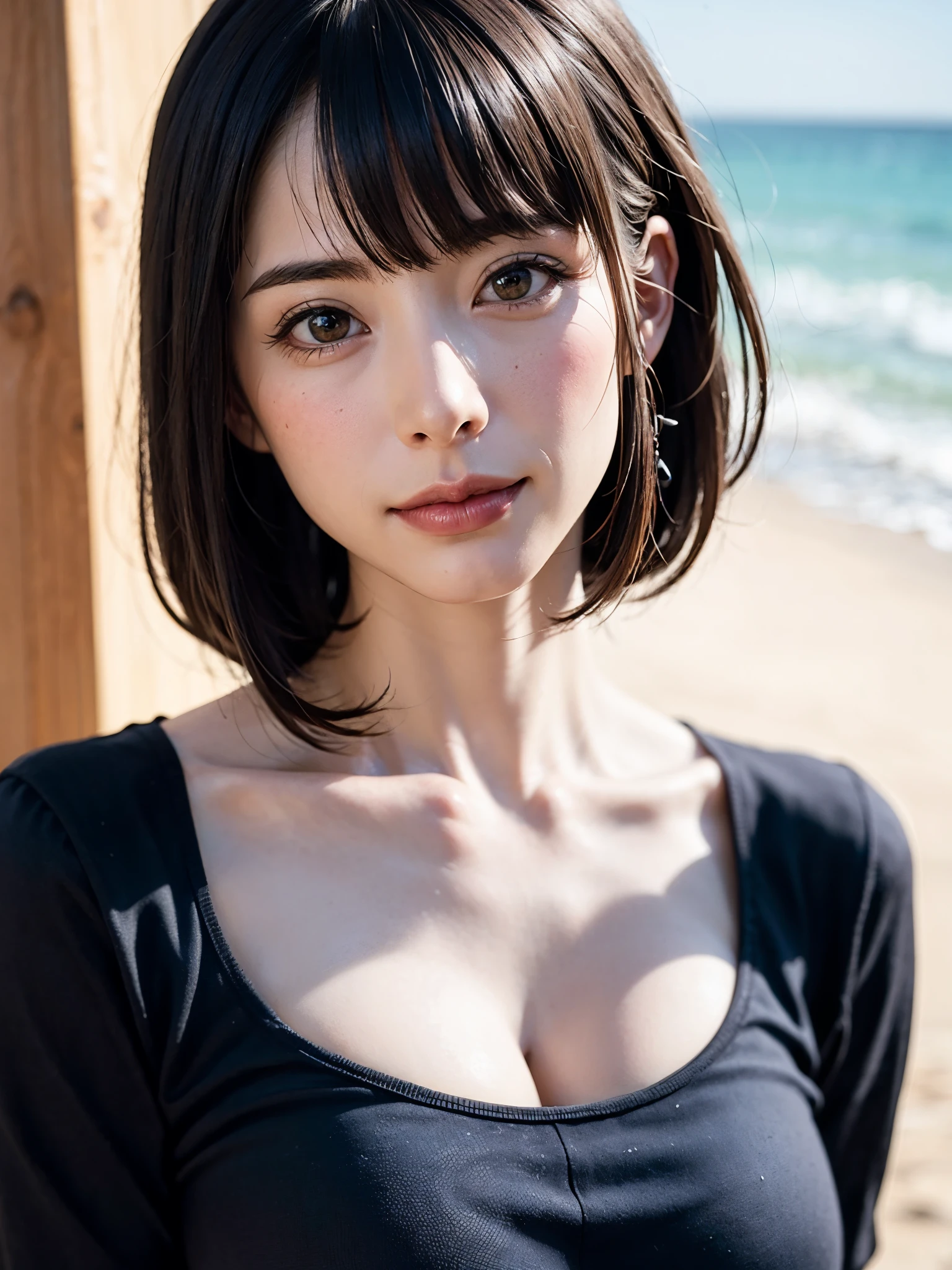 女の子1人、top-quality、realisitic、report、depth of fields、natural soft light、during daytime、魅惑的、beauitful face、Cleanliness、Pure face、de pele branca、cute hawk hair、bangss、the beach、rays of sunshine、Nedium Breast Body Esbian、((Beautiful face with sweater golden ratio Beautiful face with symmetry))、long neck、Put your ears out、Clean short bob hair with bangs、Smile with your mouth closed:1.4、Smile with your mouth closed:1.4、Perfect fingers、perfect hand、Perfect body、face perfect、Shine a light into the eyes、Perfect Anatomy:1.4、very cute super model:1.4