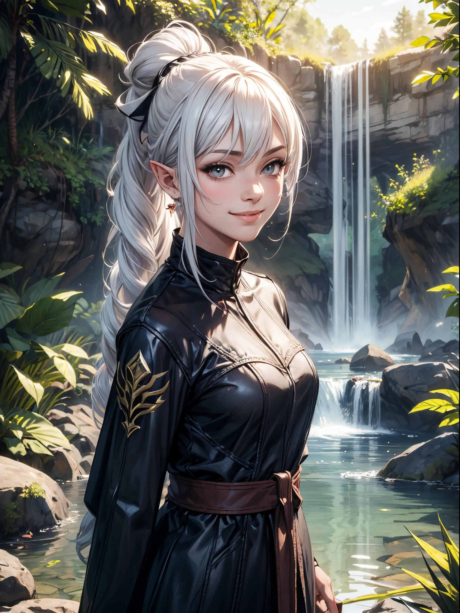 (masterpiece, best quality:1.3)
BGShadowheart, 1girl, solo, realistic, pointy ears, white hair, ponytail, long hair, serene waterfall, morning, peaceful and refreshing with soft sunlight filtering through the foliage ,  lake beneath, detailed, concept, smile, smirk, arrogant