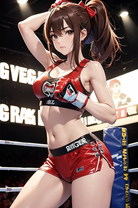 Mature female boxer、Ponytail with black hair、Brown-skinned、Black sports bra  and shorts、Boxing gloves、With keen eyes、Boxing stance、waist line、 - SeaArt  AI