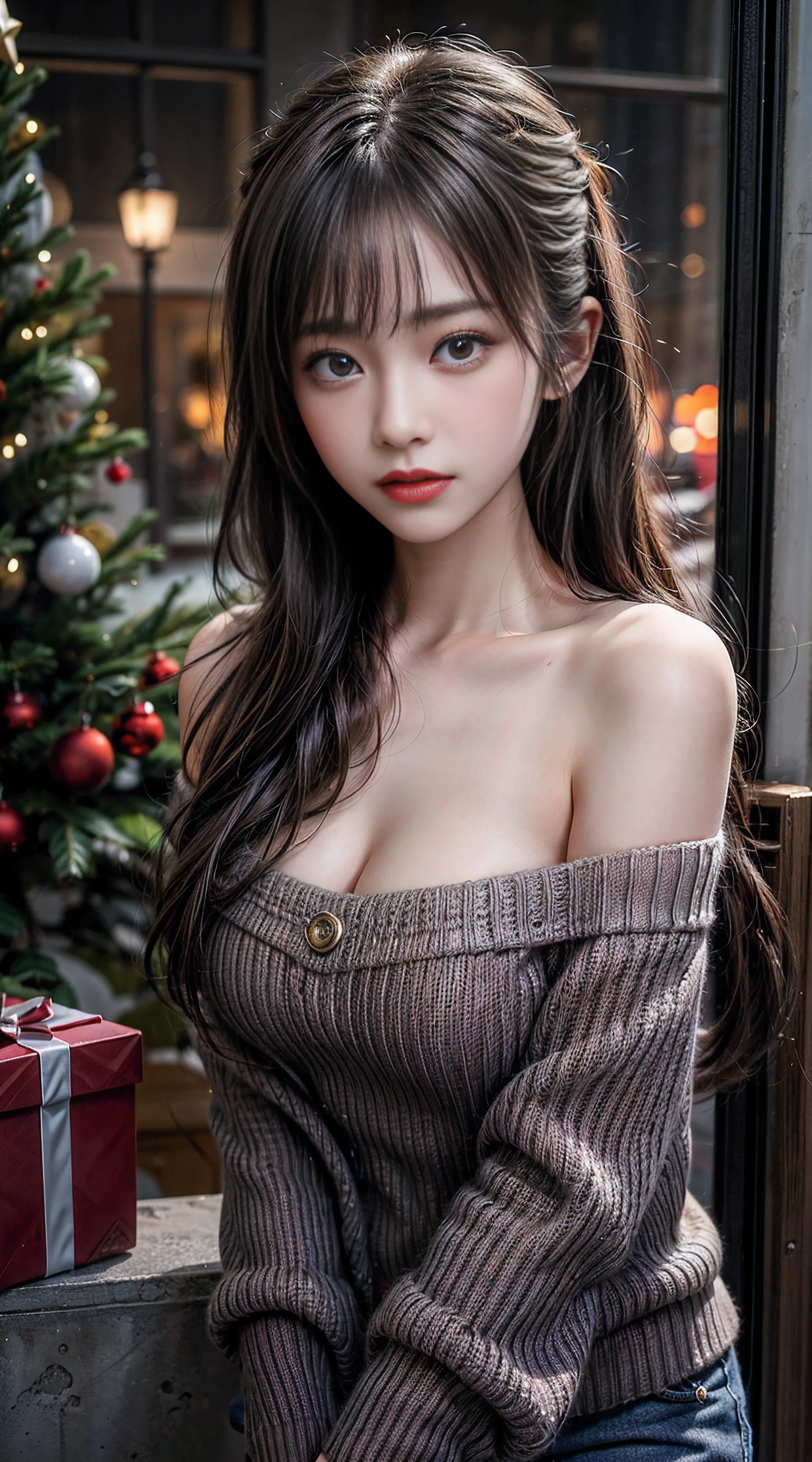 （Twin-tailed）, (1young girls), (extremely detailed beautiful face), Great look and best quality:1.4), (Ultra-detailed), (extremely detailed CG unified 8k wallpaper), Highly detailed, High-definition raw color photos, Professional Photography, Realistic portrait, Amazing face and eyes, (off-the-shoulder sweater:1.5), (cleavage:1.3), (Christmas, Christmas Ornaments, Christmas tree), Indoor, illuminations, Beautiful sunset, depth of fields, (View below:1.2),background slightly blurred,