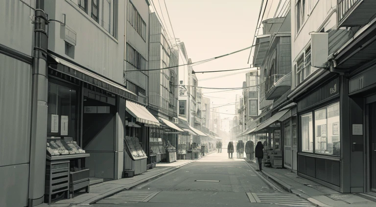 Rue commerçante de la ville,Lignes noires,Monochromes,（Manuscrit en noir et blanc:1.4）,fond blanc,( arrière-plan:1.2)