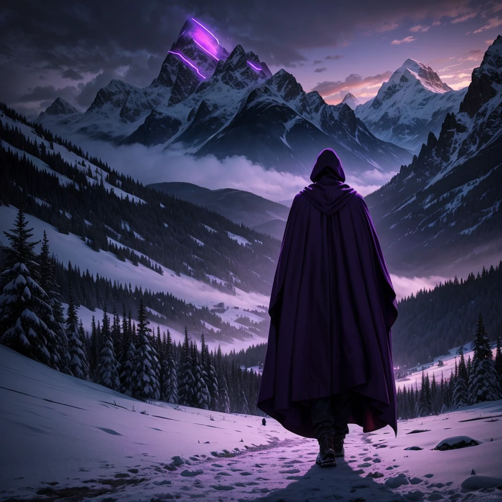 Young man wearing cloak viewed from behind, shadowy dramatic vivid scene with snowy mountains in the background, ominous purple glow all around.