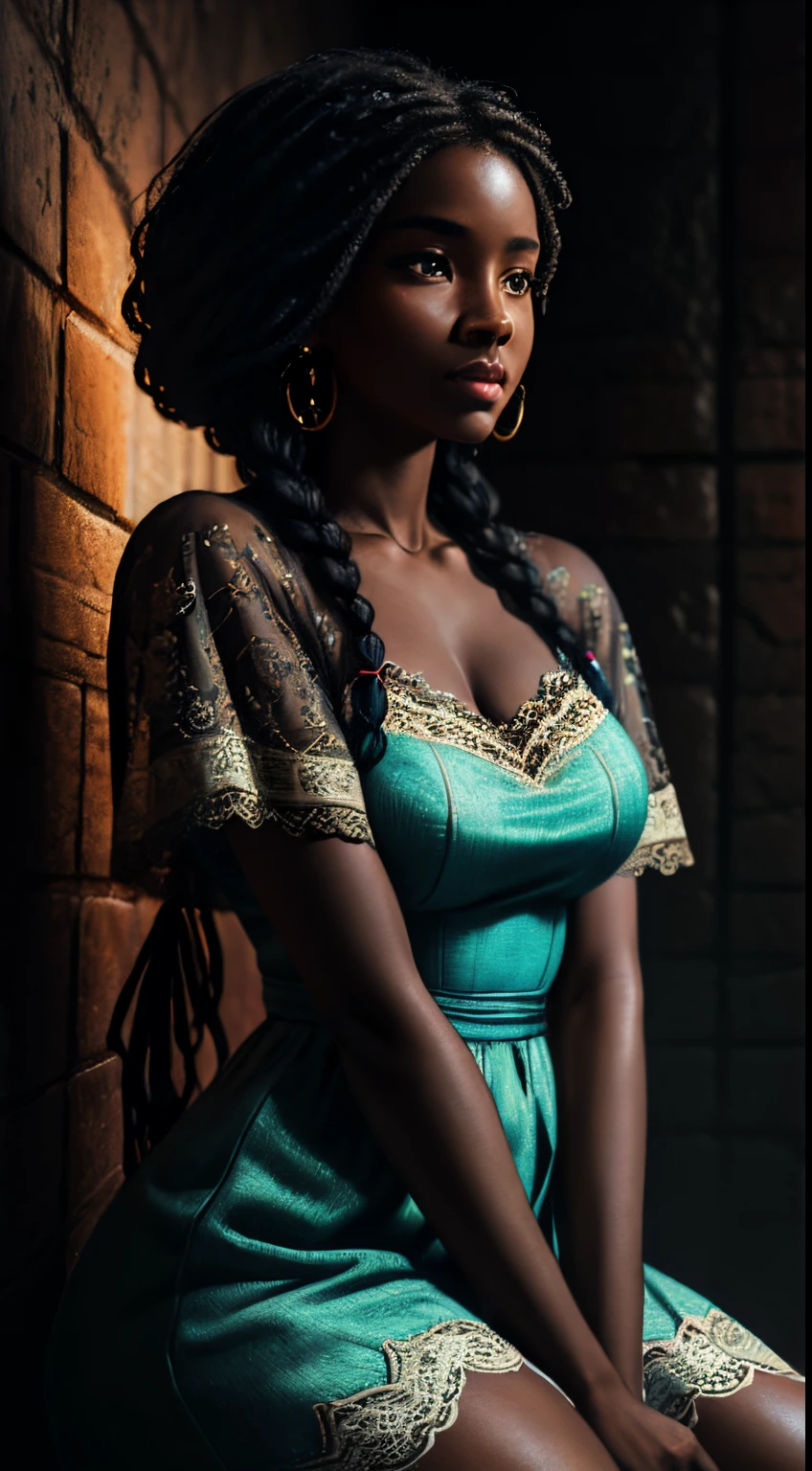 Un bref moment de calme, Beau black woman with cinnamon skintone, peau sombre, cheveux doux tressés à la française, vêtements en dentelle de couleur neutre contre les couleurs vives d&#39;une tapisserie murale. Portrait réalisé avec un éclairage pêche et cyan , détaillé complexe , dans le style de James Jean et Thomas Kincaid , Clair-obscur, Wabi Sabi , Beau, chef-d&#39;œuvre, behance gagnant, peinture à l&#39;huile, le romantisme