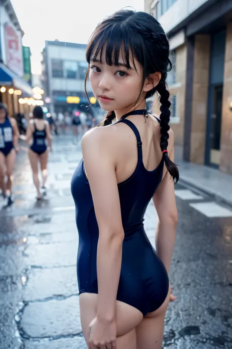 Braid hair、With bangs、Innocent Girl、((Navy blue school swimsuit 1：9))、、Wet skin、、Dig into the buttocks、、((Wet swimsuit:1.1))、、Cr...