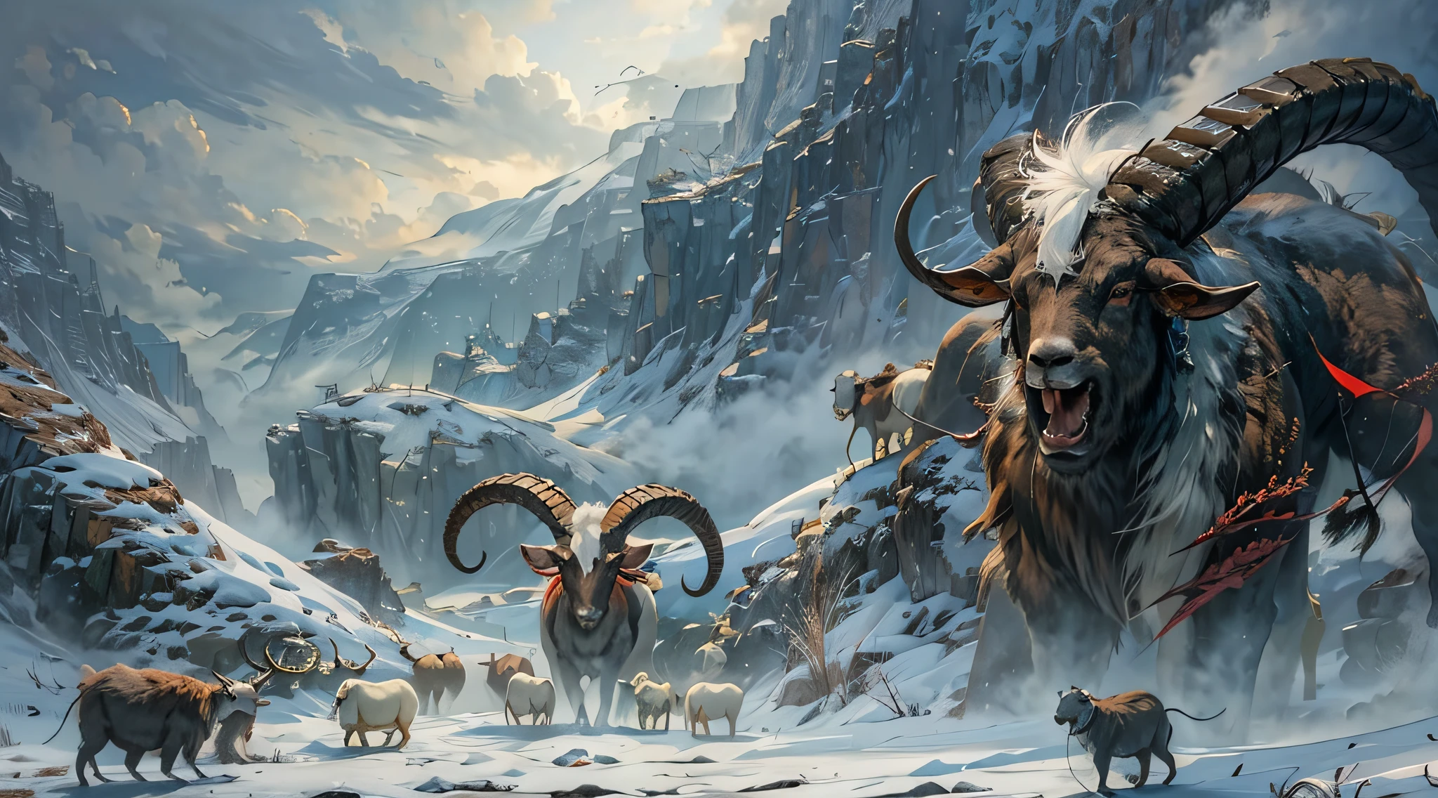 realistically, A high resolution, Soft lighting,Terrible sheep head，red eye blood，Just look at the audience，many horned monsters，（（Goat monster sealed in snow）），Cthulhu style， skate，Precipitous cliffs，precipitous，acrophobia，, plateau,dark stormy clouds，grassy fields,The is very detailed,torogao,