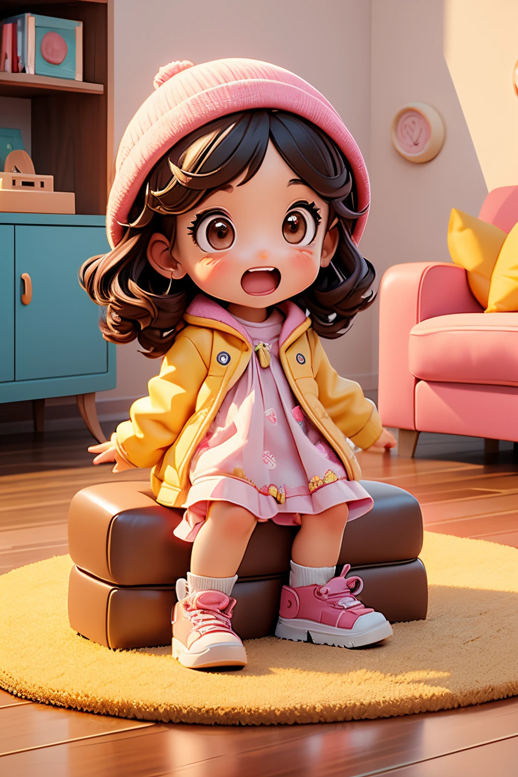 a five years girl、Yawning face、short non-binary person, wavy brown eyes and hair、play by placing blocks on the floor、 Modern living room background with fireplace