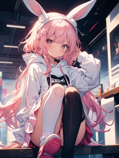 A young girl，With white-red hair，Wearing a white hood and bunny ears, 1个Giant Breast Girl, Alone, hooding, White-red hair, a skirt, long whitr hair, sockes, sitted, looking at viewert, White dress, longer sleeves, pleatedskirt, hair adornments, Black socks...