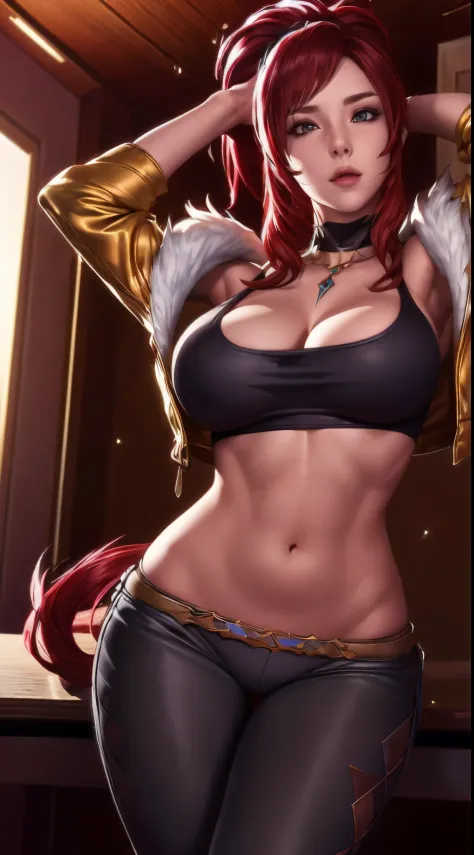 （（（Akali kda reputation,pony tails,red hair clothes, choker necklace, awas, cosmetics, hooded, Black cropped top, fur-trim, jaket, mitts, black trouser suit, K/, (league of legend), cropped shoulders，S-shaped body:1.7））），((tmasterpiece)),A high resolution,...