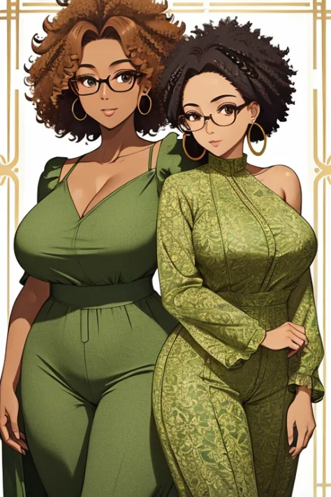masutepiece, Best Quality),Detailed face, Detailed eyes, glasses afro、Forehead、large earring、 Curly hair, Large breasts, Big but...