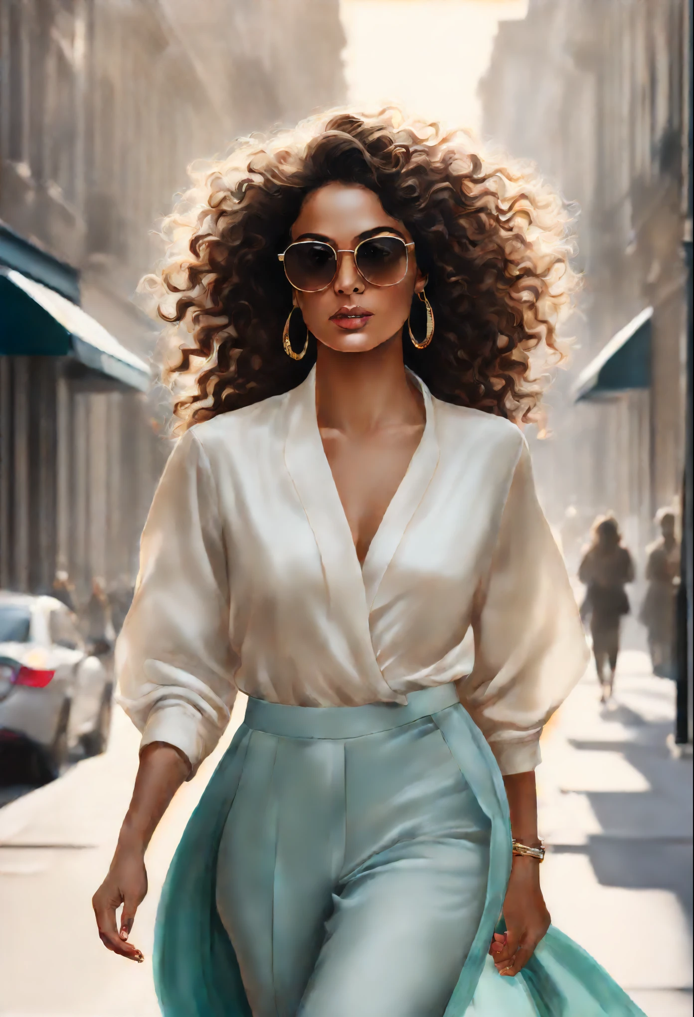 A visually stunning illustration of an elegant South Asian woman with luxurious curly hair, confiantemente parado em uma rua ensolarada da cidade. The woman is dressed in a chic running outfit that exudes the latest fashion trends. The artwork must achieve a remarkable level of digital realism, demonstrating exceptional attention to detail and accuracy in capturing subject characteristics. This piece was supposed to be a masterclass in fashion illustration and contemporary portraiture, combining the essence of modern street style with the sophistication of a soft environment, paleta de cores harmoniosa. The lighting should be dynamic, emphasizing the presence of the subject and the play of light and shadow in the environment. The resulting artwork should not only celebrate the individuality and style of the South Asian woman, but also serve as testimony to the convergence of art, moda, e cultura. Deve ser um retrato cativante, showcasing the best aspects of digital art in the realm of contemporary fashion illustration.