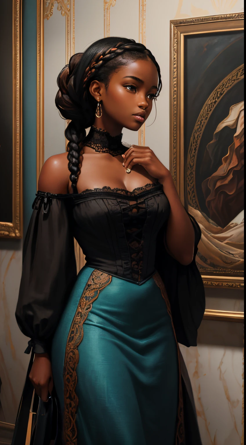 A brief moment of calm, beautiful black woman with cinnamon skintone, dark skin, soft french-braided hair, neutral color lace clothing standing against abstract painted Victorian tapestry walls of vibrant colors. Photo with bright peach and dark cyan  , detailed intricate , facing forward, in the style of James Jean and Thomas Kincaid , chiaroscuro, wabi sabi , beautiful, masterpiece, behance winning, oil painting, romanticism