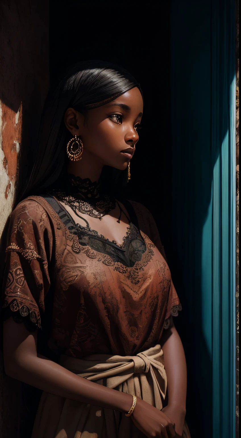 A brief moment of calm, beautiful black girl with cinnamon skintone, dark skin, neutral color lace clothing against the vibrant colors of a wall tapestry. Portrait shot with peach and cyan lighting , detailed intricate , in the style of James Jean and Thomas Kincaid , chiaroscuro, wabi sabi art style , obscura, beautiful, masterpiece, behance winning, oil painting, romanticism