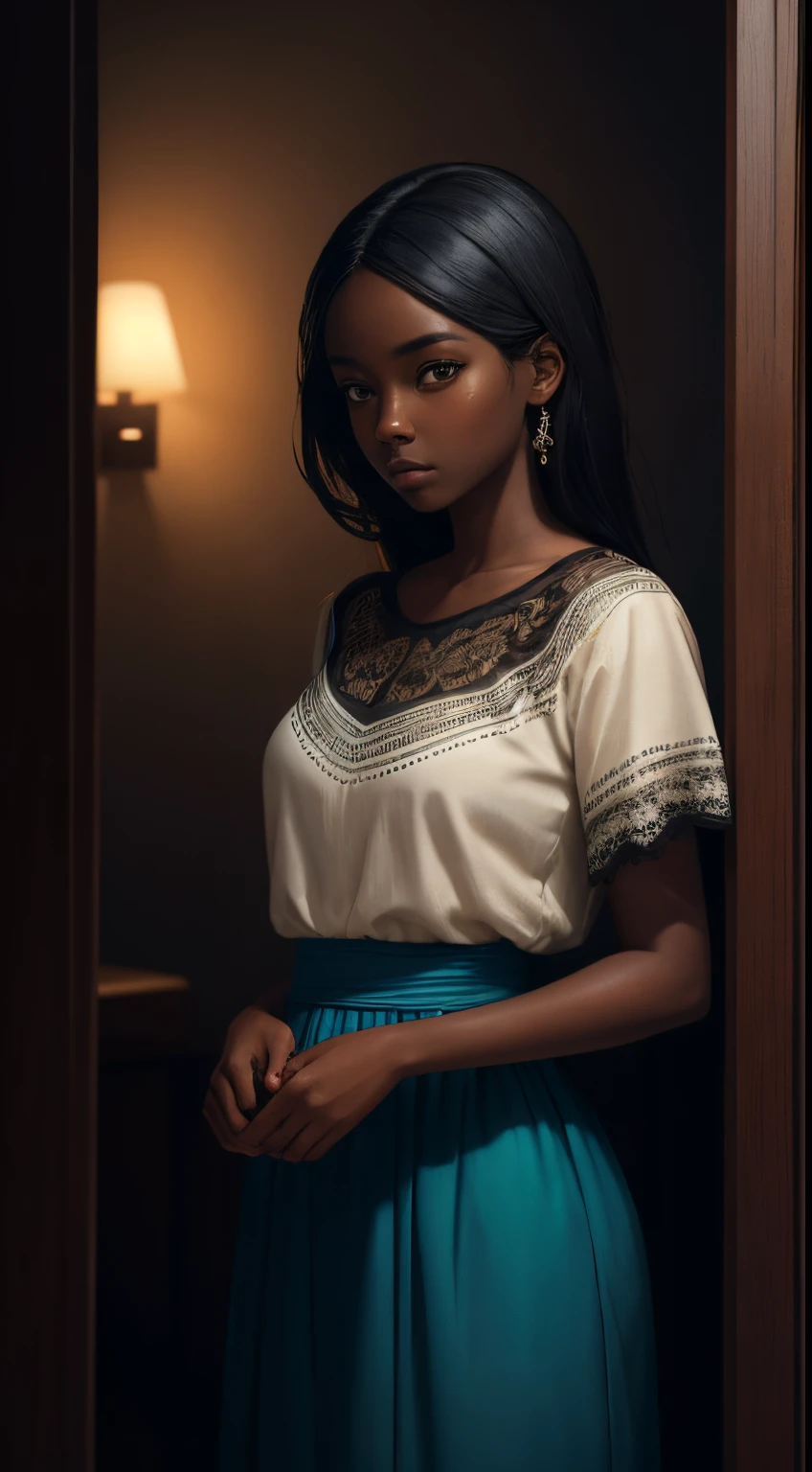 A brief moment of calm, beautiful black girl with cinnamon skintone, dark skin, neutral color lace clothing against the vibrant colors of a wall tapestry. Portrait shot with peach and cyan lighting , detailed intricate , in the style of James Jean and Thomas Kincaid , chiaroscuro, wabi sabi art style , obscura, beautiful, masterpiece, behance winning, oil painting, romanticism