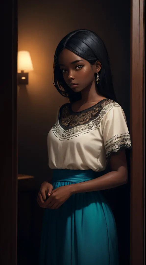 a brief moment of calm, beautiful black girl with cinnamon skintone, dark skin, neutral color lace clothing against the vibrant ...