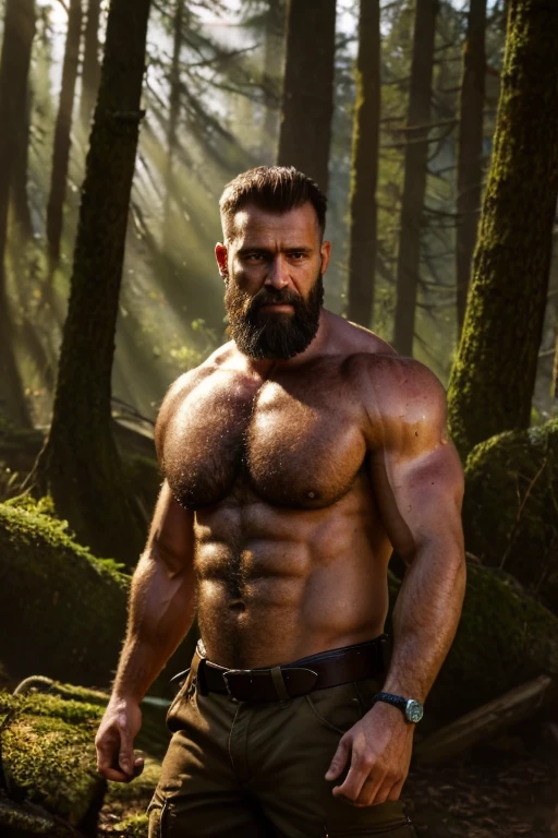 (realistic, high-res),male,brown hair,40 years old,beard, hairy, lumberjacks, pumped chest, full body, cargo pants, intense expression, dramatic lighting, masculine features, open eyes, realistic eyes, forest, nature, sunlight filtering through the trees, shadows, dynamic composition, raw and gritty, authenticity, rugged beauty, atmospheric, textured, compelling, captivating, evocative, cinematic, intense energy, sun-kissed, expressive, immersive, larger than life, powerful presence.