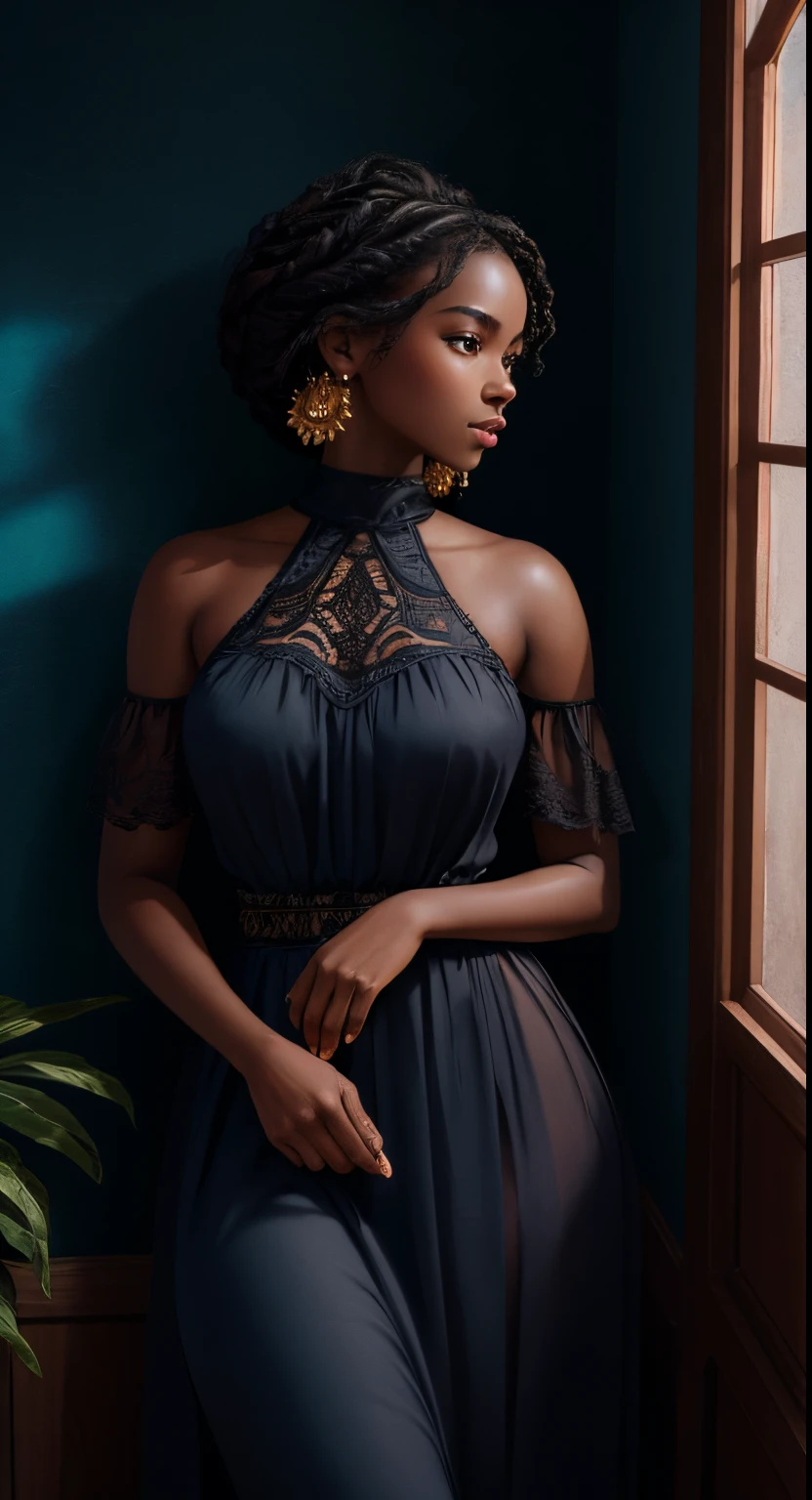 Un bref moment de calme, Beau black woman with cinnamon skintone, peau sombre, vêtements en dentelle de couleur neutre contre les couleurs vives d&#39;une tapisserie murale. Portrait réalisé avec un éclairage pêche et cyan , détaillé complexe , dans le style de James Jean et Thomas Kincaid , Clair-obscur, Wabi Sabi , Beau, chef-d&#39;œuvre, behance gagnant, peinture à l&#39;huile, le romantisme