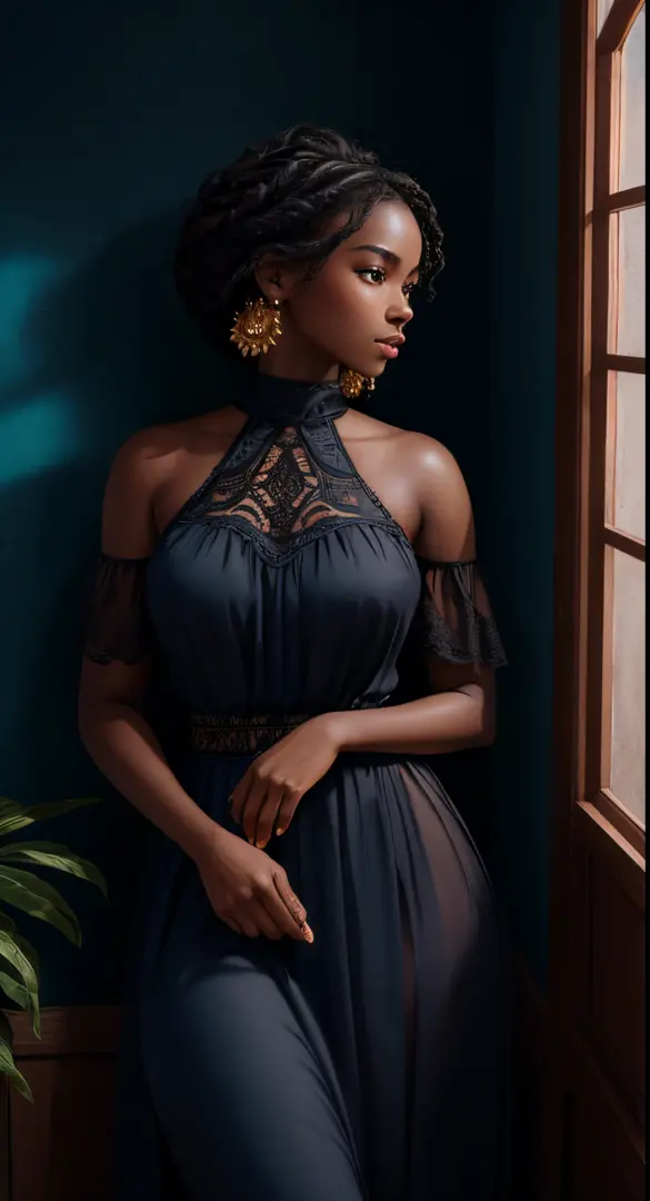 A brief moment of calm, beautiful black woman with cinnamon skintone, dark skin, neutral color lace clothing against the vibrant...