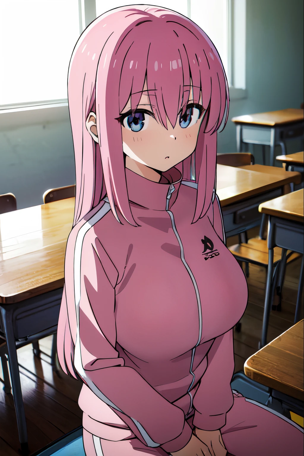 masterpiece, best quality, highres, gotou1, gotou hitori, solo, bangs, hair between eyes, portrait, pink tracksuit, detiled eyes, big , classroom