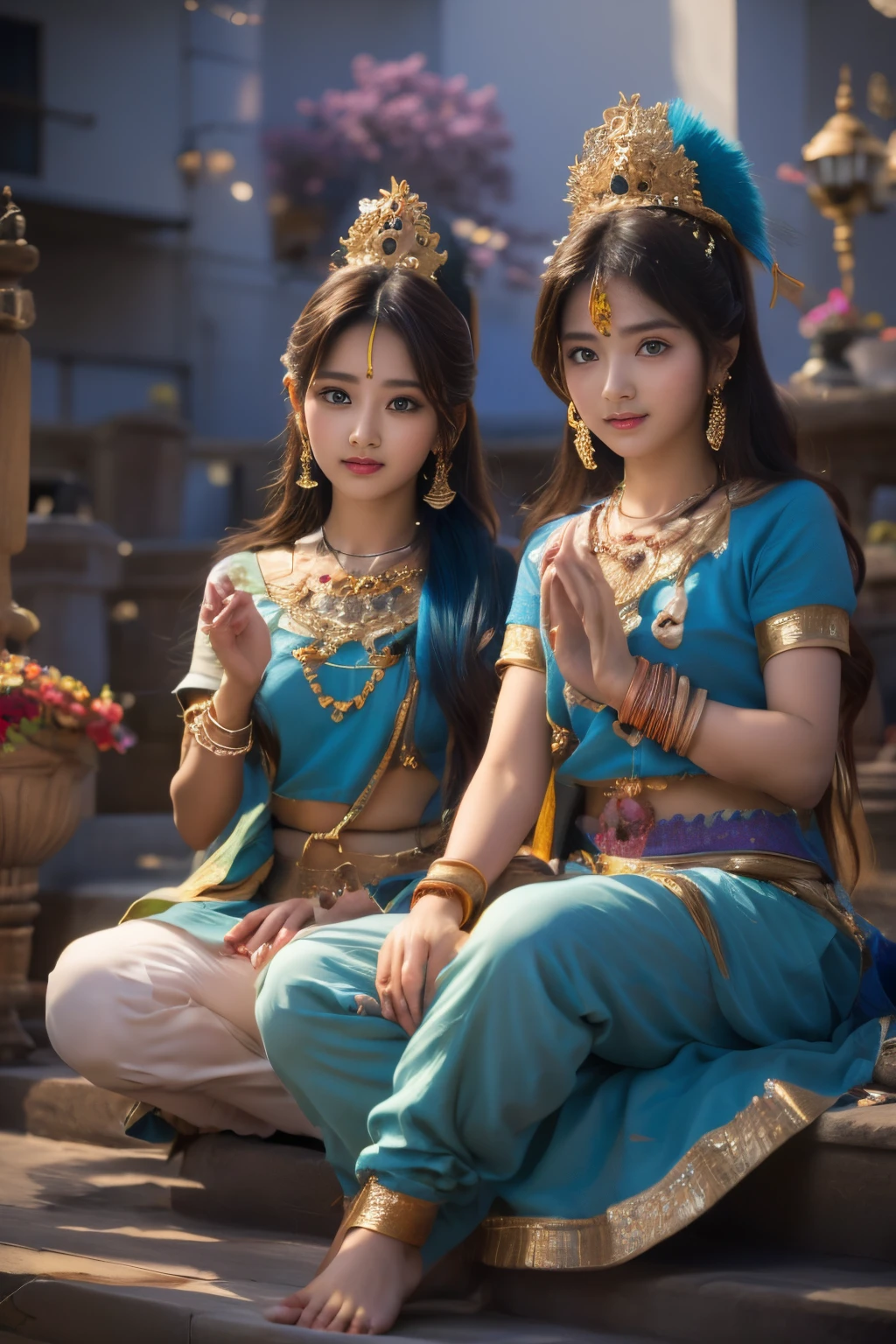 two girls anime who are a devotee of krishna,The proportions are the same for all races, All faces and pictures must be different, ulzzang -6500-v1.1, (Raw photo:1.2), (Photorealsitic), Beautiful detailed, (Real: 1.4), extremely detailed eye and face, beatiful detailed eyes,