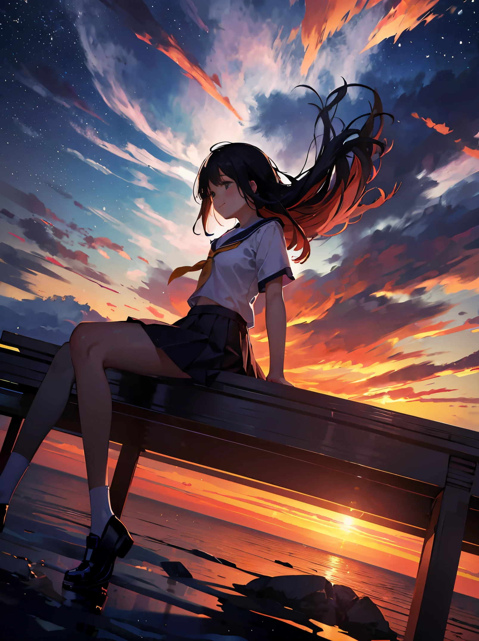 Elementary school girl, blows wind,Fluttering hair，gust of wind， Colorful, , ​masterpiece, Sit up, side from, A smile, lighthouse, starrysky