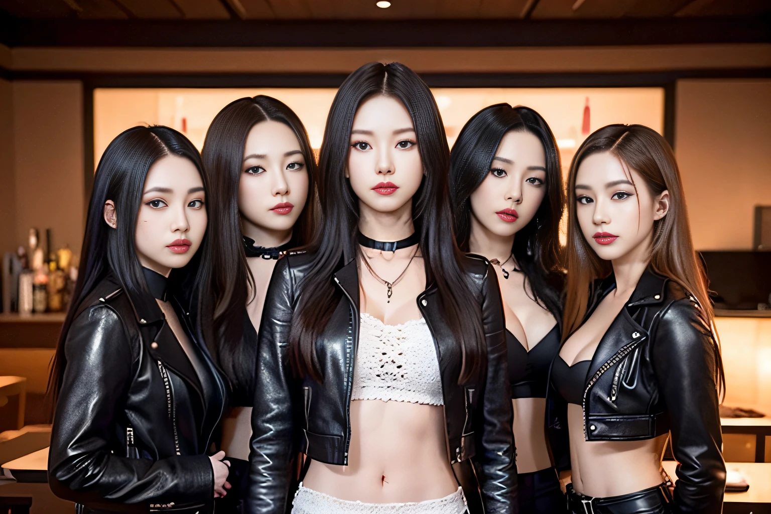 5 member girl band、metal bands、Upper body view、超A high resolution、An ultra-high picture quality、8K、Wonderful expression with attention to detail、All have long brown curly hair、Black leather jacket、Performance scene at a live house