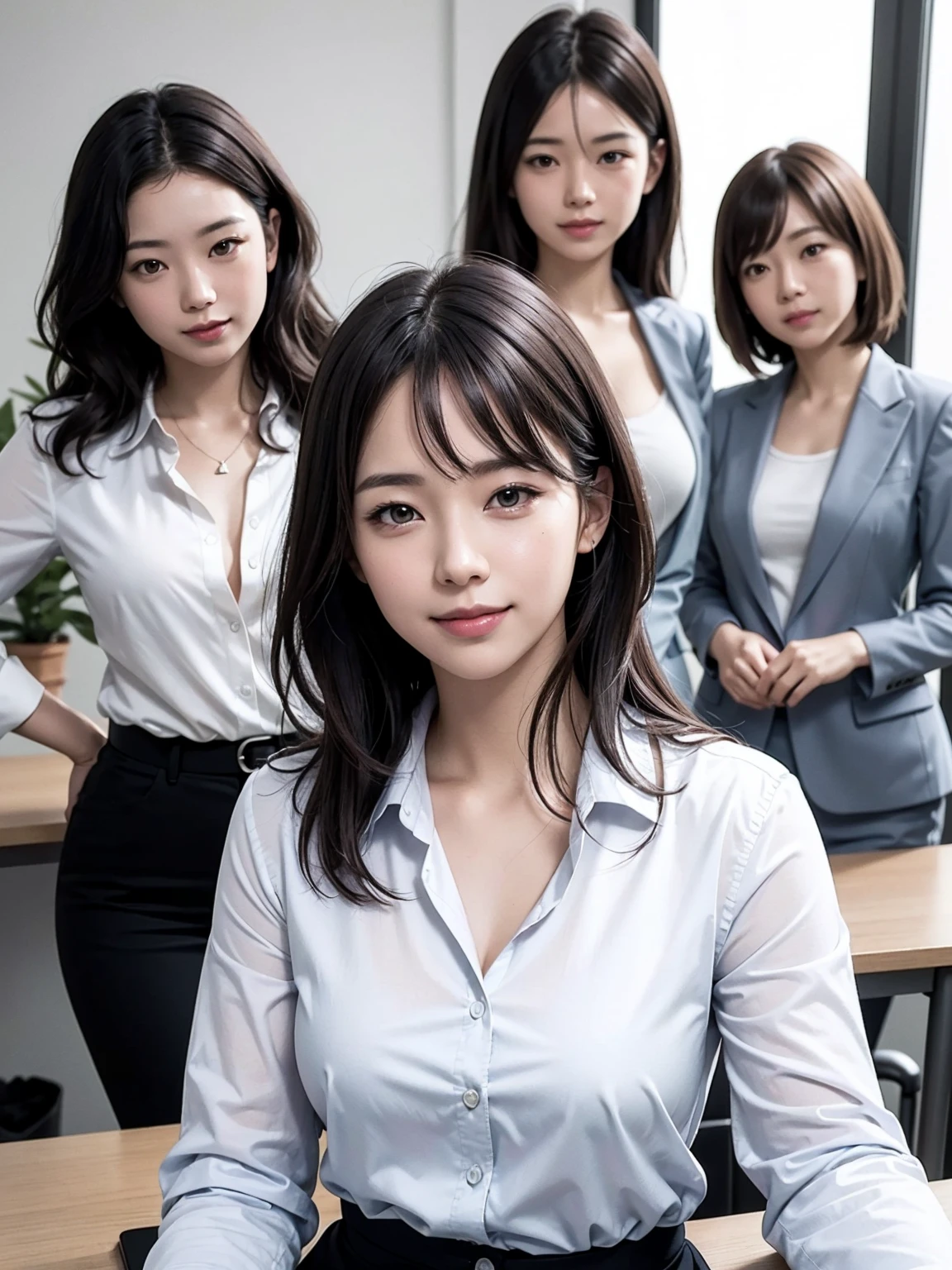 (Masterpiece), (8K, Photorealistic, RAW Photography, Best Quality: 1.4), Japan, Beautiful Face, (Realistic Face), (Medium Hair:1.3), Realistic Eyes, Beautiful Eyes, Attractive, Ultra High Definition, Ultra Realistic, High Definition, Beautiful Japan woman, grey suit, open jacket, ((jacket)), office lady, suit, ((pants)), (modern office indoors), desk, detailed face, long hair, group picture, multiple girls, 4girls, looking at viewer, ((smile)), ((white shirt)), (open shirt)