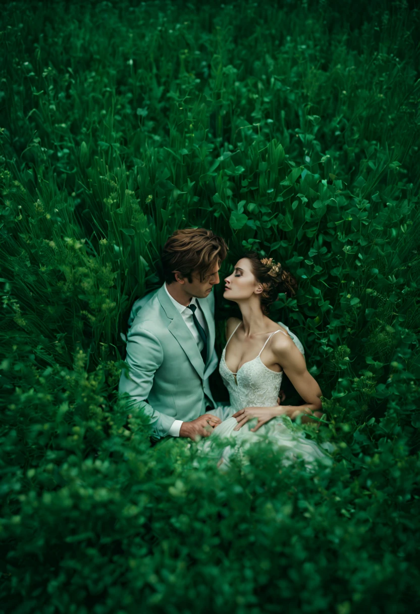 Fotografía cinematográfica de arte hiperrealista de una pareja tumbada en el&#39;conjunto de&#39;hierbas, por Relja Penezic, Retrato destacado en Unsplash, Photographie de mariage profesionalle, por Eszter Mattioni, par Nadya Rusheva, inspirado en Oleg Oprisco, por Oszkar Tordai Chelín, por Georges Papazov, por Anna Hotchkis, por Daryush Shokof . fotografía de 35 mm, película, bokeh, profesional, 4k, muy detallado