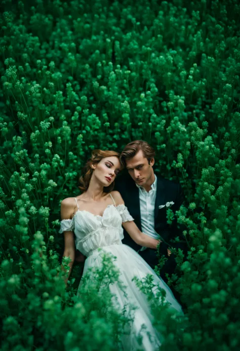 photo cinématographique art hyperréaliste un couple allongé dans l&#39;ensemble d&#39;herbes, par Relja Penezic, Portrait en ved...