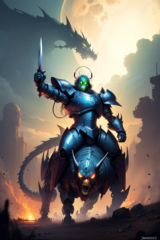 ((giant zombie)), (planet earth in his palm), wearing an old armor, riding a big mecha, dragon wing on his back, multiple sapaceship superhightech behind
him