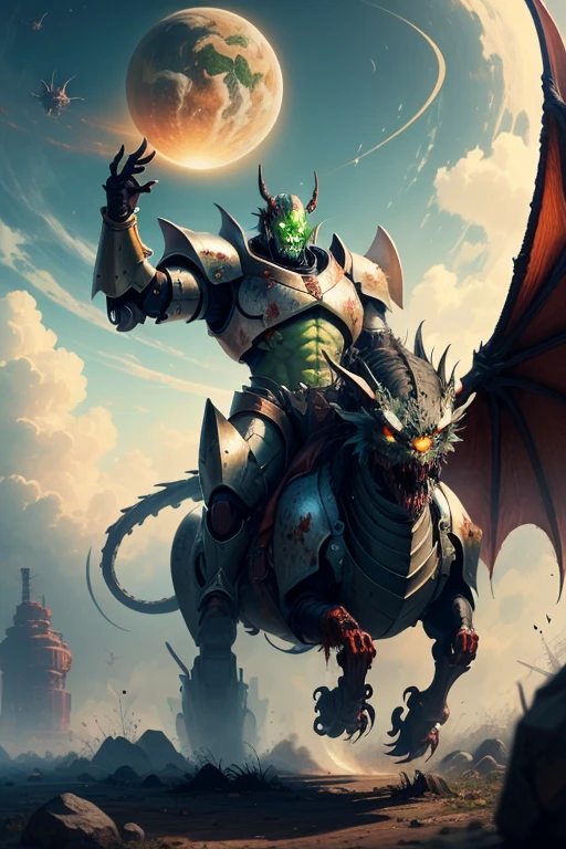 ((giant zombie)), (planet earth in his palm), wearing an old armor, riding a big mecha, dragon wing on his back, multiple sapaceship superhightech behind
him