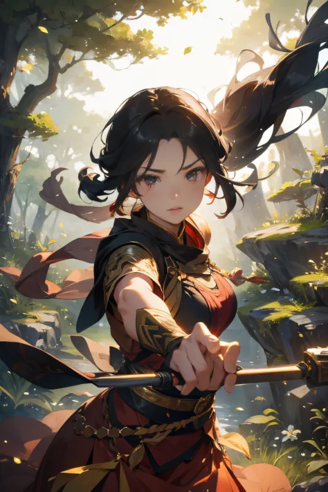 female  warrior shooting a bow, Deep Forest, blowing in the wind, (Highest Quality), Delicate and beautiful details,