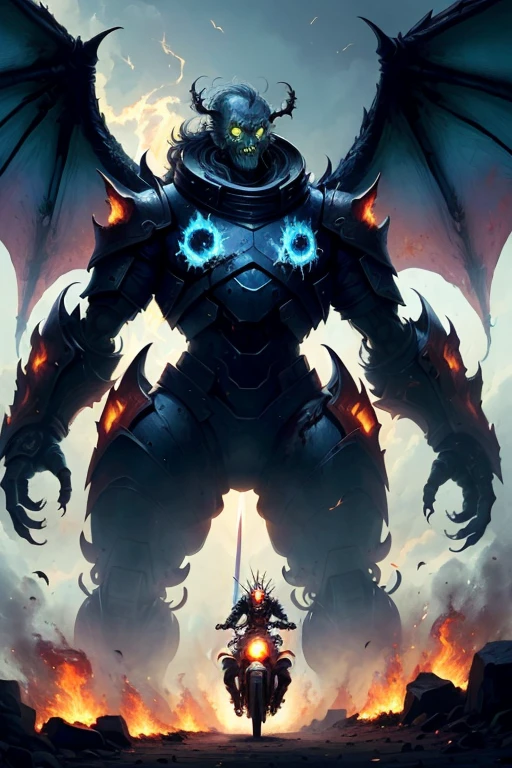 ((giant zombie)), (planet earth in his palm), wearing an old armor, riding a big mecha, dragon wing on his back, multiple sapaceship superhightech behind
him