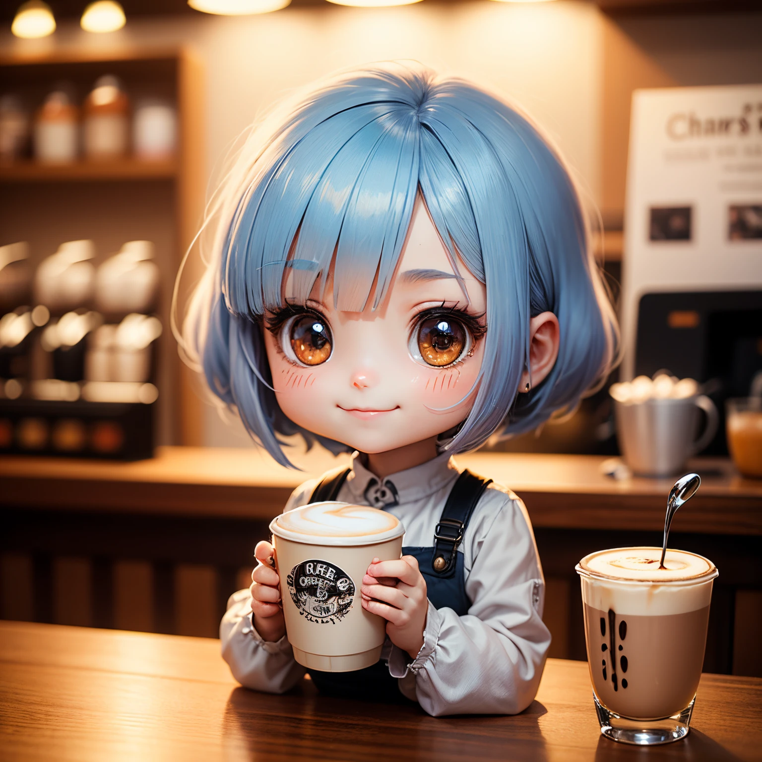 ​obra maestra、de primera calidad、ultra detallado、(La hija de Chibi Chara:1.2),cocina de cafeteria,Cinta azul sobre cabello bob blanco rizado,espectro azul, Incorporarse,Sosteniendo una taza de café latte art,Una sonrisa,No hay otras tazas de café.