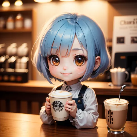 ​masterpiece、top-quality、ultra-detailliert、(Chibi Chara's Daughter:1.2),coffee shop kitchen,Blue ribbon on curly white bob hair,...