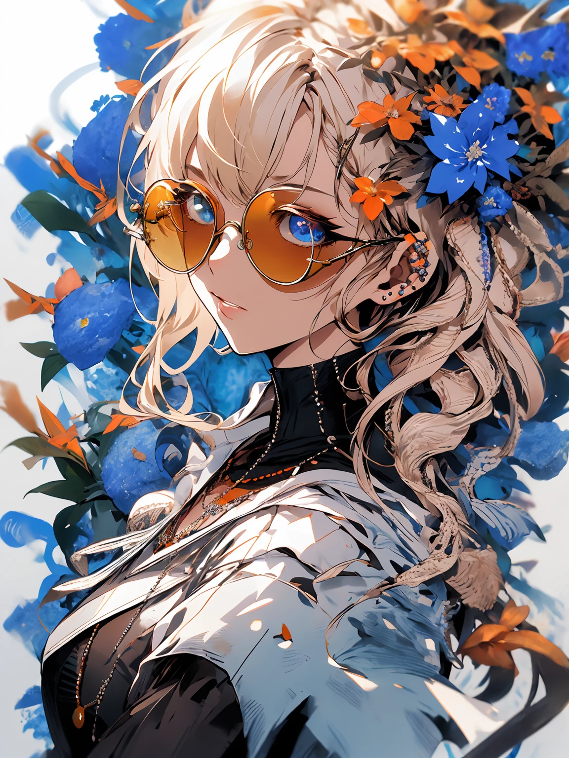 , (masterpiece:1.2), best quality,midjourney,
solo, tinted eyewear, jewelry, hair ornament, looking at viewer, black background, 1girl, short hair, blue eyes, earringackground, flower, upper body, hair flower, orange-tinted eyewear, sunglasses, necklace, jacket, closed mouth, floral print, bangs, blonde hair, white hair, makeup, round eyewear, piercing