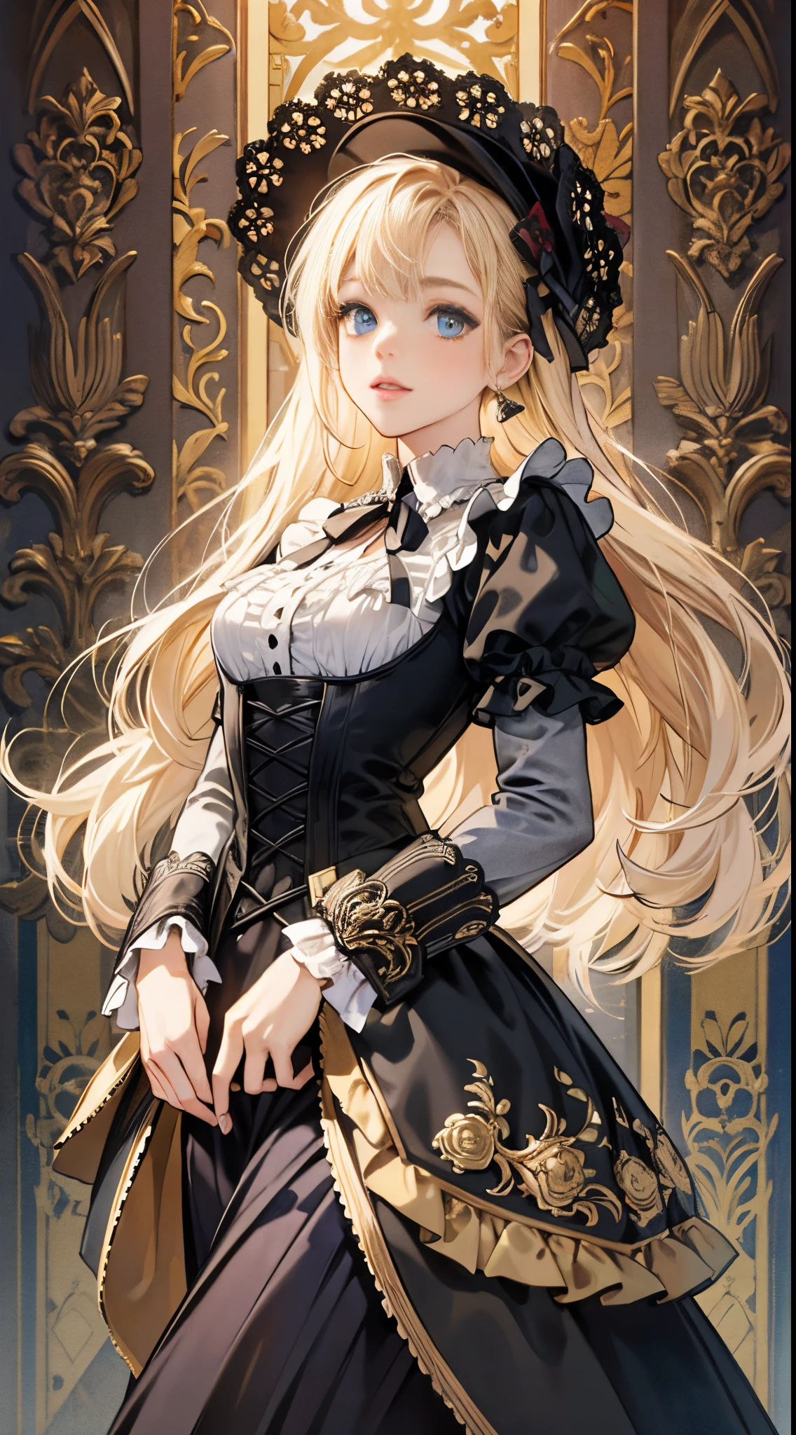 Eine Frau in Kleid und Stiefeln steht vor einem Gebäude, barock kleid, im detailreichen Steampunkkleid, eine elegante Gothic-Prinzessin, viktorianische Gothic-Lolita-Mode, historisches Barockkleid dunkel, schwarzes Gothic-Lolitakleid, Kleidung im Fantasy-Stil, Rokoko Kleid, schwarzes Rokoko, klassische Hexe, Fantasie-Outfit, wearing a Gothic Kleid, romantisches Kleid, Gothic Kleid,a blond,15-jährige Schülerin,blaue Augen