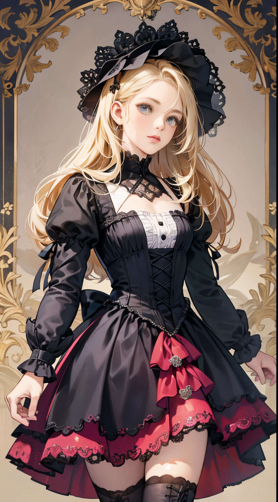 Eine Frau in Kleid und Stiefeln steht vor einem Gebäude, barock kleid, im detailreichen Steampunkkleid, eine elegante Gothic-Prinzessin, viktorianische Gothic-Lolita-Mode, historisches Barockkleid dunkel, schwarzes Gothic-Lolitakleid, Kleidung im Fantasy-Stil, Rokoko Kleid, schwarzes Rokoko, klassische Hexe, Fantasie-Outfit, wearing a Gothic Kleid, romantisches Kleid, Gothic Kleid,a blond,15-jährige Schülerin,(Oberkörperporträt)