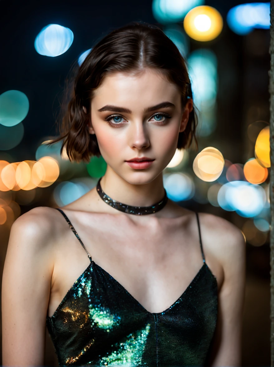 RAW photo of young English woman, color photograph, half body length from waist portrait, ((a realistic photo of a beautiful young 18yo girl)), ((pale glowing radiant skin)), looking at viewer, slim, small breasts, sexy pose, dark hair, short expressive hair, wing eyeliner, skin tight party clothing, iridescent fabric, dress, choker, dark make up, masterpiece, high quality, realistic, very detailed face, night, cityscape background, bokeh background,