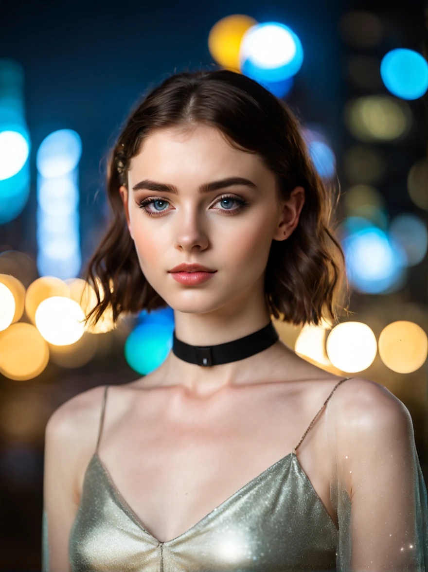 RAW photo of young English woman, color photograph, half body length from waist portrait, ((a realistic photo of a beautiful young 18yo girl)), ((pale glowing radiant skin)), looking at viewer, slim, small breasts, sexy pose, dark hair, short expressive hair, wing eyeliner, skin tight party clothing, iridescent fabric, dress, choker, dark make up, masterpiece, high quality, realistic, very detailed face, night, cityscape background, bokeh background,