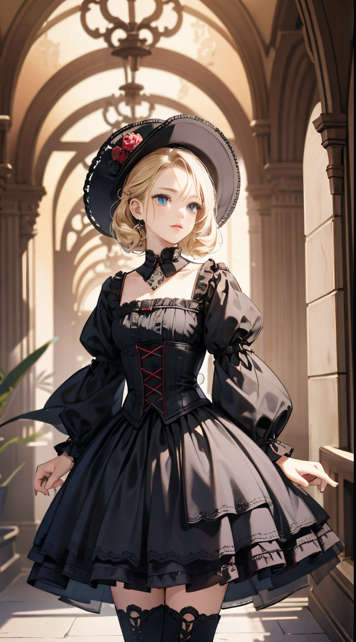 A woman in a dress and boots is standing in front of a building, baroque dress, in detailed steampunk dress, an elegant gothic princess, victorian gothic lolita fashion, Historical Baroque Dress Dark, black gothic lolita dress, fantasy style clothing, rococo dress, black rococo, classical witch, fantasy outfit, wearing a gothic dress, romantic dress, gothic dress,a blond,15yo student,((Upper body portrait))