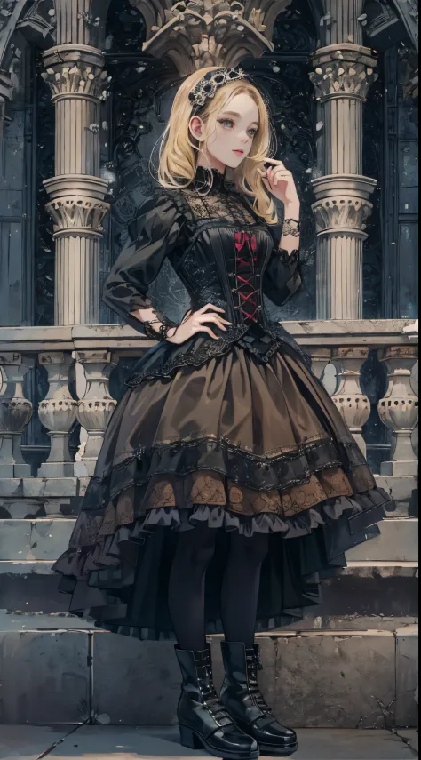 a woman in a dress and boots is standing in front of a building, baroque dress, in detailed steampunk dress, an elegant gothic p...