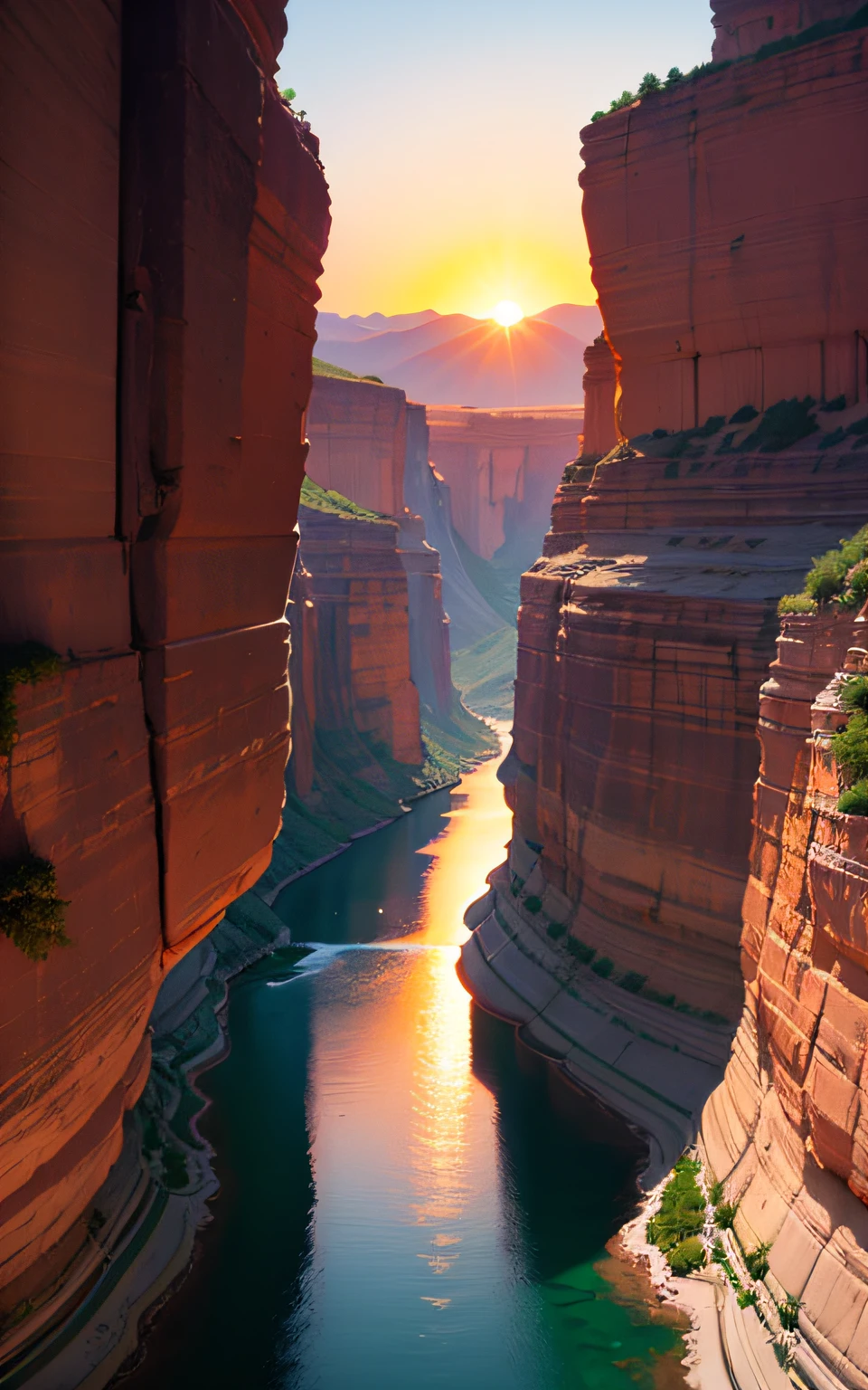 un valle verde con un rio serpenteante, Es un amplio cañón entre montañas., montes a los lados, de fondo una bonita puesta de sol