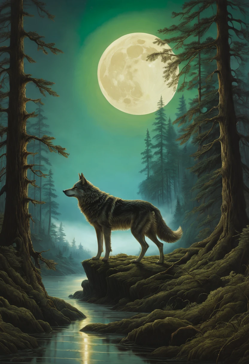 art by   aaron horkey, , , ultra highly detailed, 32k, sharp focus, luminism, detailed oil painting, moon, detailed sky, dark wolf with big highly detailed, by Anato Finnstark . detailed landscape, northern tales aesthetic, dynamic movement, big reflective eyes, forest,glowing, swirling leaves, emerald fog, mystical, complex background, dynamic lighting, lights, intricated pose, highly detailed filigree, intricated, baroque, Hudson river school, Thomas Cole, masterpiece