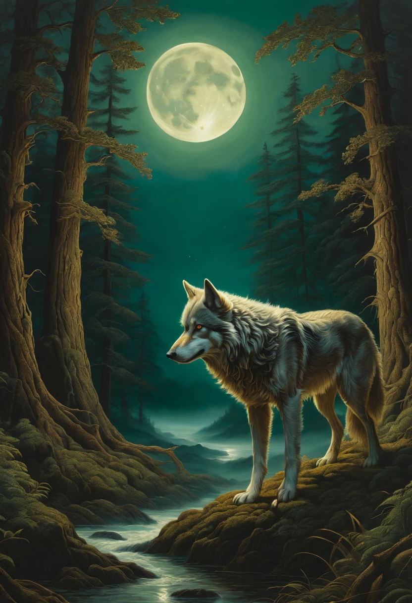 art by   aaron horkey, , , ultra highly detailed, 32k, sharp focus, luminism, detailed oil painting, moon, detailed sky, dark wolf with big highly detailed, by Anato Finnstark . detailed landscape, northern tales aesthetic, dynamic movement, big reflective eyes, forest,glowing, swirling leaves, emerald fog, mystical, complex background, dynamic lighting, lights, intricated pose, highly detailed filigree, intricated, baroque, Hudson river school, Thomas Cole, masterpiece