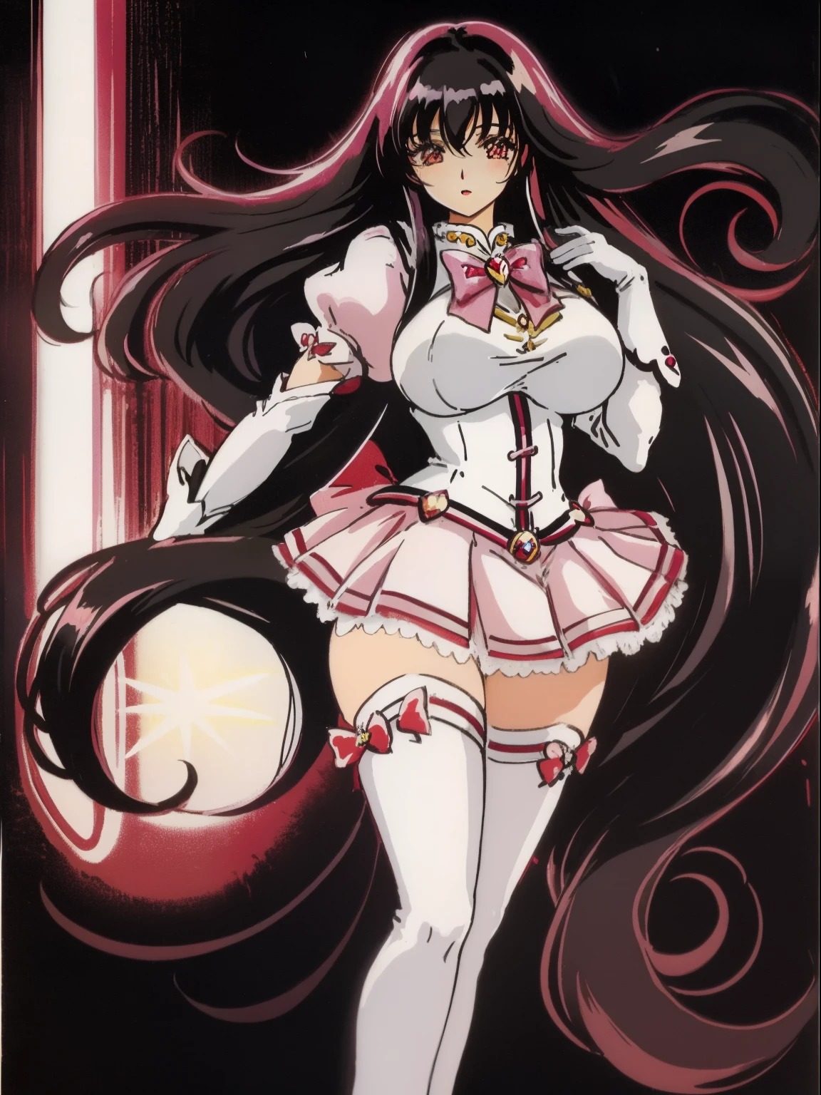 (best quality), (highres:1.1), (magical girl tight:1.2), (gloves), (long black hair:1.2), (huge breasts:1.2), (2000s style:1.2)