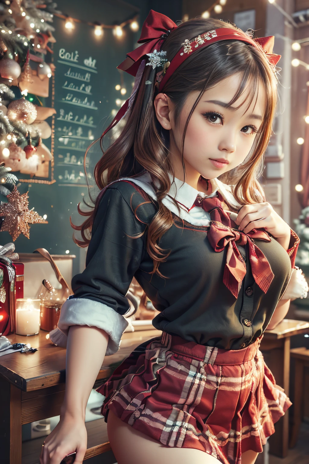 mulher asiática arafada, waifu, curvando-se na mesa do professor, mini-saia, decorações de natal na sala de aula, uniforme sexy, em uniforme escolar, posando em frente a um quadro negro com decorações de natal, a hyperestudante realista, hyperestudante realista, waifu, cyber menina da escola, estudante realista, seifuku, vestida como colegial, uniforme escolar menina japonesa, uniforme escolar japonês, menina da escola, colegial fofa, wearing uniforme escolar japonês, , beautiful anime high menina da escola