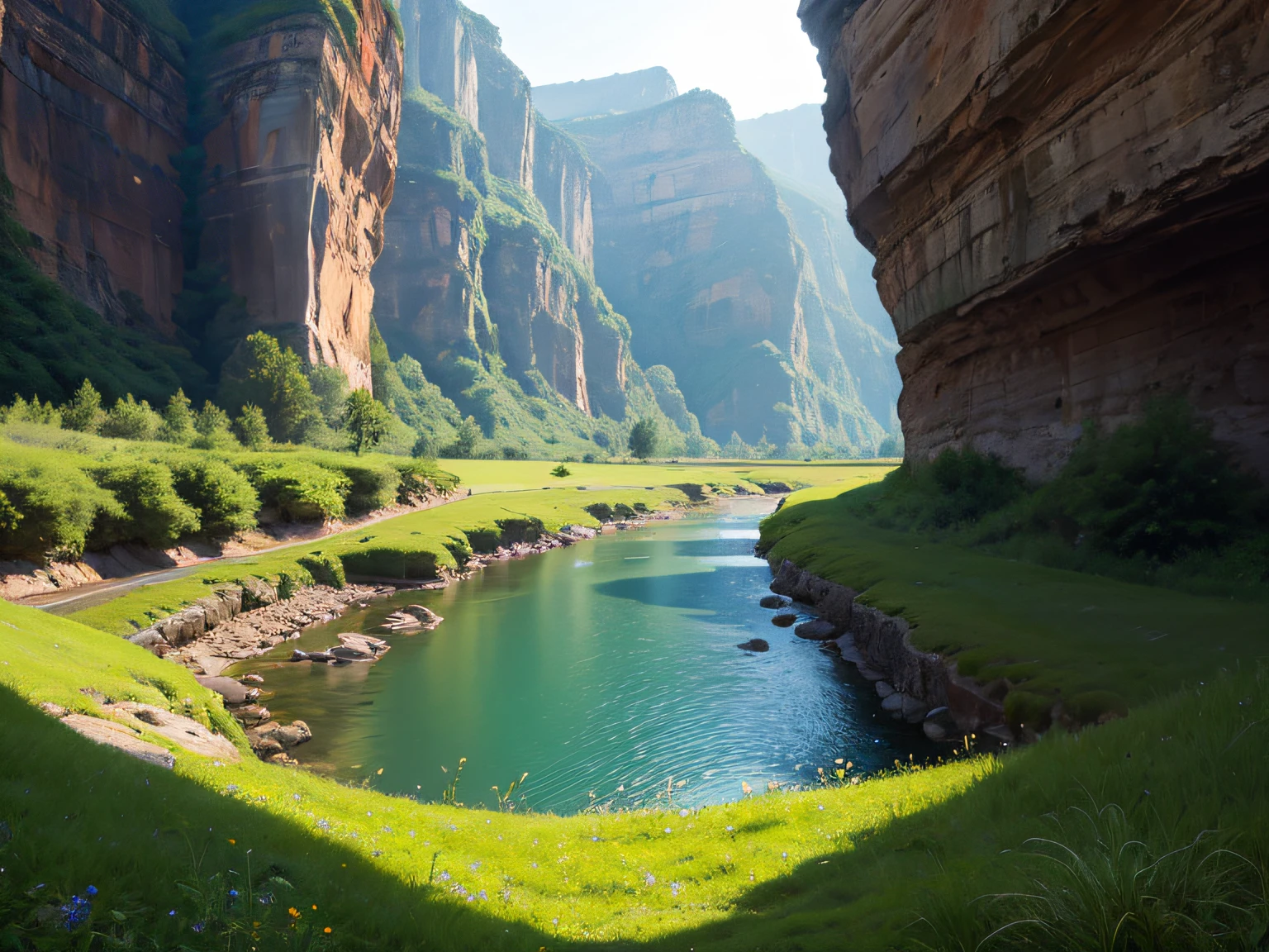 une immense prairie verte dans un très large canyon, une petite rivière coule avec de nombreuses courbes qui traverse la prairie